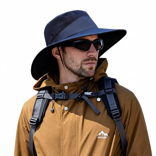 FairyPeach Cappello Boonie Impermeabile Uomo Donna, Estivo Cappello Safari Anti UV Traspirante, Tesa Larga Cappello Pioggia, Cappelli da Sole Pescatore (IT, Testo, Taglia Unica, Blu Navy)