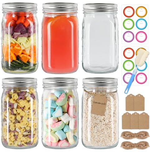EkkoVla 6 Pack 1L Wide Mouth Mason Jars with Airtight Lids | Glass Canning Jars – for Overnight Oats, Pickling, Homemade Jam, Food Storage, Meal Prep & Preserving