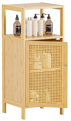 HITNET Rattan Badezimmerschrank, Kleiner Bambus Badschrank mit Einzeltür, Freistehender Bodenaufbewahrungsschrank Schmaler Seitenorganizer für Bad, Küche, Wohnzimmer, Natur