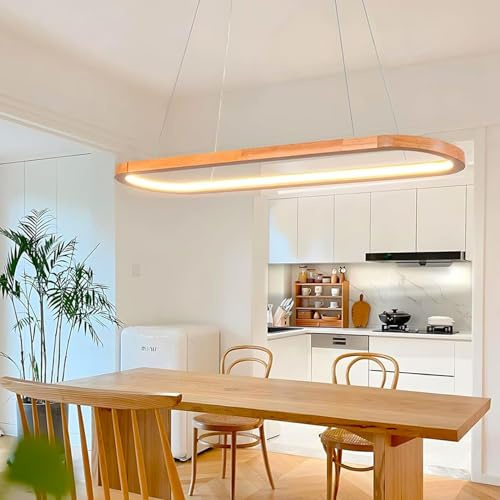 Aleaty LED Holz Dimmbar Pendelleuchte Moderner Oval Kronleuchter Esstisch Büro Esszimmerlampe Höhenverstellbar mit Fernbedienung Hängelampe für Esszimmer Schlafzimmer Wohnzimmer (Holz, 70cm)