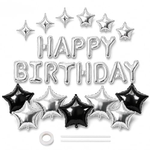 Fesnova Happy Birthday Girlande Silber Set | Silber Buchstaben mit Stern Happy Birthday Ballons,Geburtstag Dekoration,Schwarz und Silber für Jungen Mädchen alles Gute