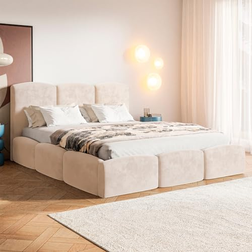MOTIVENA Cloud Bubble Bett 140x200 Beige Samt, mit Stauraum, mit Kopfteil, mit Lattenrost, ohne Füße, mit Matratze H2/H3, Bubble Polsterbett 140x200 mit Bettkasten Beige (Creme)