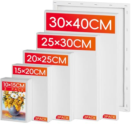 RITOLLO Stretched Canvas for Painting, 15 Pack 280GSM Cotton Canvases on Pine Wood Frames, Multi Size 10x15–30x40cm, Acid-Free & Triple Primed for Acrylic, Oil & Watercolour, Artists & Beginners
