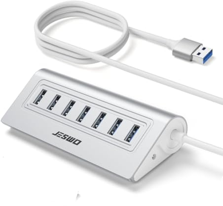 JESWO 7 Ports USB 3.0 Hub, Multi USB Extender Port Hub with 3.4Ft Cable | Aluminium, 5Gbps Data Transfer, USB Splitter for PC/USB-A Laptop/Flash Drive/HDD/Keyboards (Power Supply Not Included)