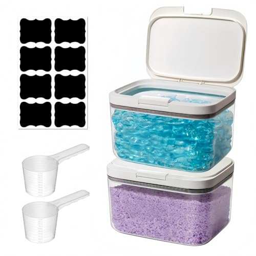 2 Pack Laundry Pods Container, 2.9L Washing Powder Storage Container, with Labels, Scoops and Press and Pop Lid, Detergent Powder Capsule Pot Washing Tablets Storage Holder for Laundry Room, Bathroom