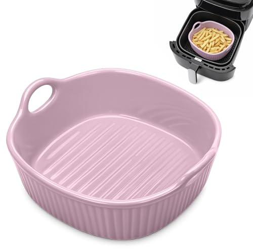 Pirofila rotonda in ceramica per friggitrice ad aria calda, 18,5 × 16,5 × 5,5 cm | Stampo per casseruola e lasagna colorato | Stampo in ceramica con manici per forno a microonde (lavanda-viola-650ML)