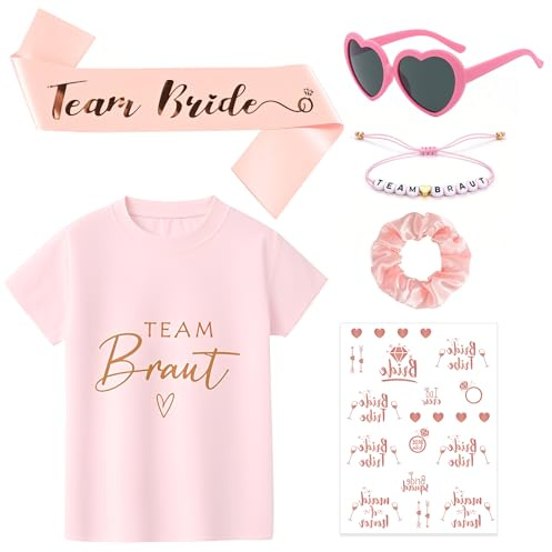 Athora 6 Stück JGA Accessoires Frauen Set, Bride to Be T-Shirt mit Armband, Schärpe, Brille, Haargummi und Aufklebern, Perfekt für Junggesellinnenabschied, Brautparty und Hochzeitsfotografie