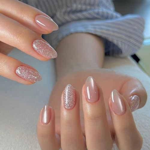 TESGADGETS Lot de 24 faux ongles roses en forme d'amande à coller, design œil de chat scintillant acrylique, Ombré réutilisables en pleine surface