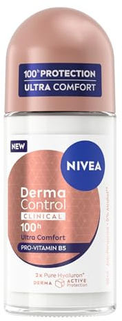 NIVEA Deodorante Roll on Derma Control Clinical Ultra Comfort 50 ml, Deodorante donna antitraspirante per una protezione 100h, 2x Acido Ialuronico e Pro-Vitamina B5, Senza alcool, Profumo di rosa