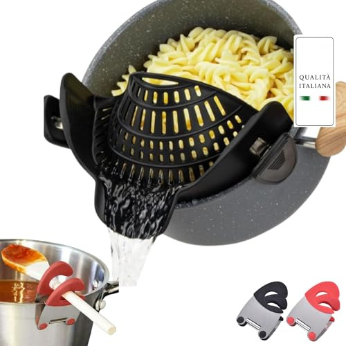 Scolapasta in Silicone con Clip-Colino+2 Portamestoli Pentola per pasta da appendere a pentola, padelle e ciotole - lavabile in lavastoviglie e adatto agli alimenti - Colapasta, Cucina, Scola Pentola