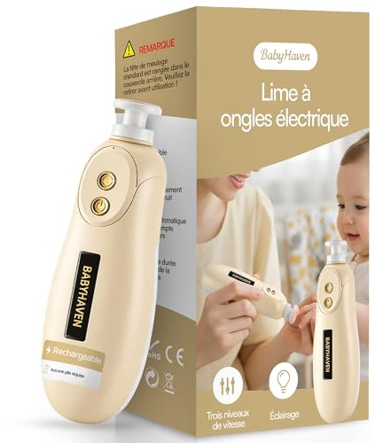 BABYHAVEN Lima per Unghie Elettrico Bambino Silenziosa 24 dB - Illuminazione LED Ricaricabile - Kit 6 punte sicure per Neonato e Bambino