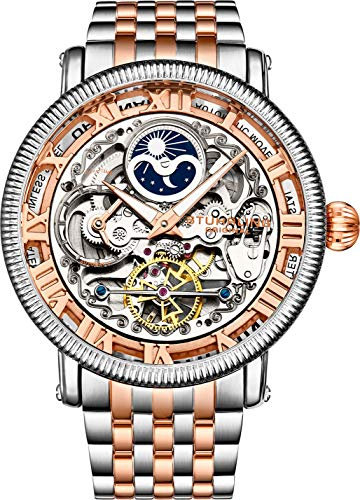 Stührling Original Herren Automatikuhr Skelett Uhr Analog Zifferblatt Silber Akzente Dual Time AM/PM Sun Moon Edelstahl Armband 3922 Uhren für Herren Kollektion rose gold