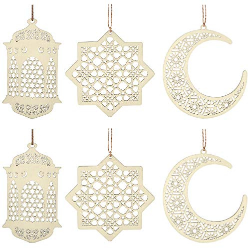 6 Pieces Wooden Pendant Ornament Ramadan Kareem Decoration Moon Star Wind Light Shape Pendant Ornament for Ramadan Mubarak Eid Decorations (Wood Color)