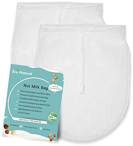 Era Natural Nut Milk Bag Reusable 2 Pack 12 x 10 Cheesecloth Bags for Straining Almond/Soy Milk Greek Yogurt Strainer Milk Nut Bag for Coffee Tea Beer Juice Nylon Mesh Cheese Cloth