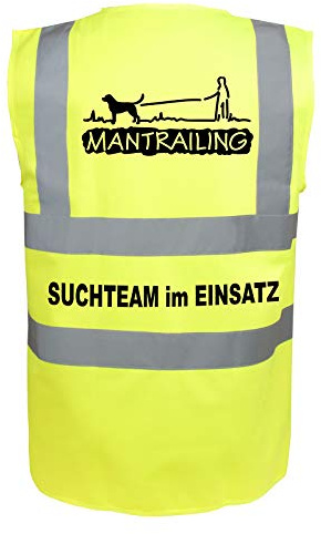 Mantrailing Warnweste Hundesport Sicherheitsweste Suchteam im Einsatz (Motiv 2) (L, Neongelb)