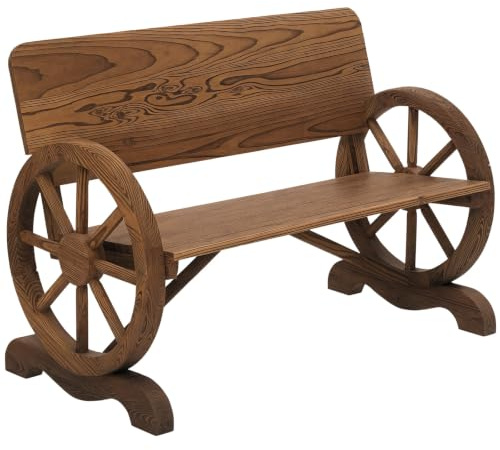 Outsunny 2-Sitzer Gartenbank Massivholz mit Armlehne 114x58x80 cm Braun | Sitzbank mit Wagenräder-Design, Gartenmöbel 250kg Belastbar, Rustikale Bank