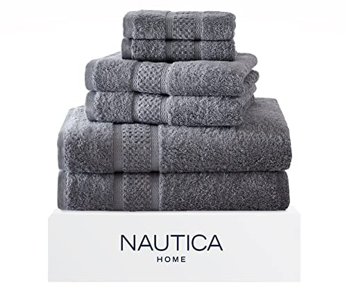 Nautica - Bath Towels, 100% Soft & Absorbent Cotton Towels, Fade Resistant and Zero Twist Construction, Medium Weight Bathroom Towels (Oceane Grey, 6 Piece)