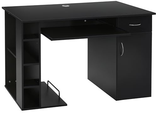 HOMCOM Scrivania per Computer PC Ergonomica, Scrivania da Ufficio con Mensole, Armadietto, Cassetto e Piano Tastiera Estraibile, Nera, 120x60x74cm