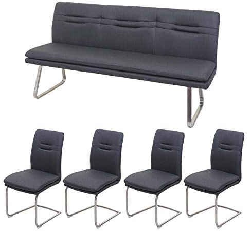 Mendler Esszimmer-Set HWC-H70 Stoff/Textil - dunkelgrau 180cm | Esszimmergruppe, Sitzgruppe, Esszimmergarnitur, Edelstahl, gebürstet