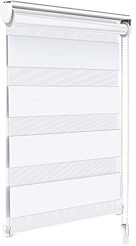 VOUNOT Day and Night Zebra Roller Blind with Clips 45 x 150 cm, Double Fabric Translucent or Blackout Vision Curtains for Window and Door, No Drilling, White