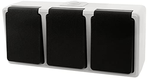 MC POWER Feuchtraum Dreifach-Steckdose Aufputz I TAFF I 250V~/16A, IP44 für Keller, Bad, Küche, Werkstatt, Außenbereich, Garten, Terrasse, Flur, Grau, schwarzer Federdeckel