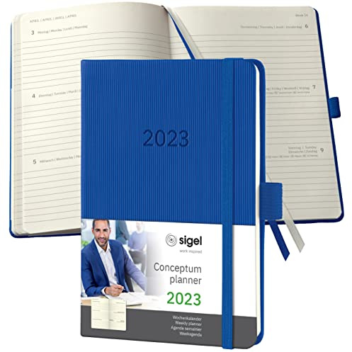 SIGEL C2369 Terminplaner Wochenkalender 2023 - ca. A6 - blau - Hardcover - 176 Seiten - Gummiband, Stiftschlaufe, Archivtasche - PEFC-zertifiziert - Conceptum