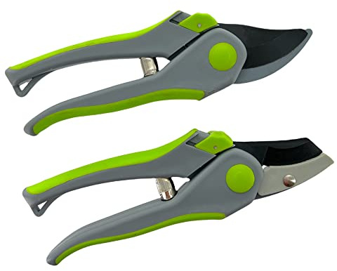 2-delat set Bypass & städ, trädgårdssax, växtsax för färska grenar och grenar, stålblad ILAFLON non-stick beläggning, längd: 20 cm med mjukt grepp, grå/grön