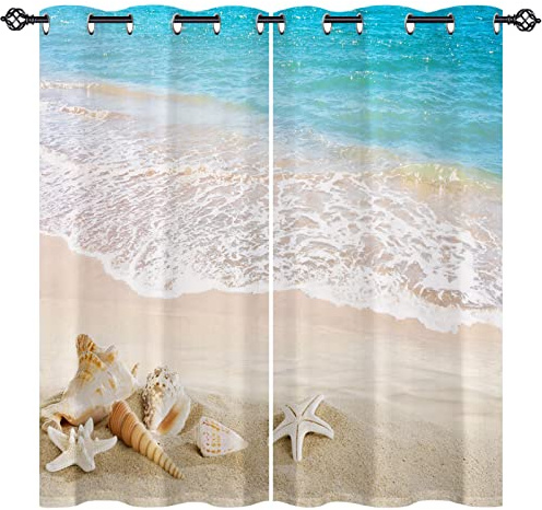ANHOPE Ozean Strand Muscheln Seestern Vorhänge mit Ösen Blickdichte Gardinen Thermo Vorhang Blackout Curtain Schlafzimmer Wohnzimmer Weich Verdunklungsvorhänge 2er Set H 138 x B 117 cm