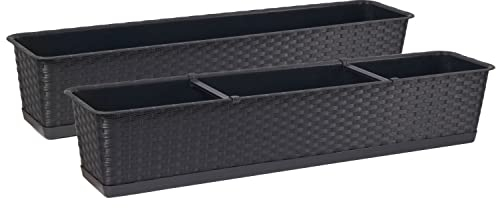 Tymar Blumenkasten mit Untersetzer, 2 Stück,Rattan, Balkonkasten, Pflanzkasten aus Kunststoff, Garten, Balkon, Terrasse((2pack) Anthrazit, 70cm)