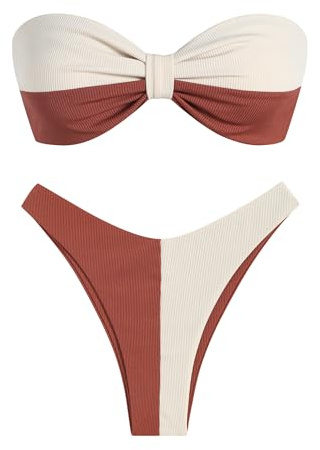 ZAFUL Women Strapless Ribbed High Cut Bandeau Bikini Lace Up 2 Pieces Swimwear(7-Coffee,S)