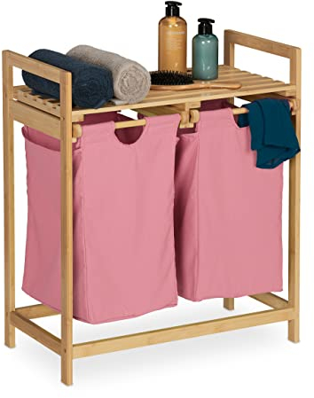 Relaxdays Scaffale Portabiancheria, Mobiletto Bagno in bambù con 2 Sacchi Rimovibili 73x64x33 cm, Marrone Chiaro Rosa