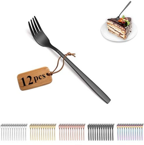 Berglander tenedor de pastel negro 12 piezas, tenedores de postre de acero inoxidable chapado en titanio negro, tenedores de frutas, tenedor de té, apto para lavavajillas, 4.BL.286TF.B12