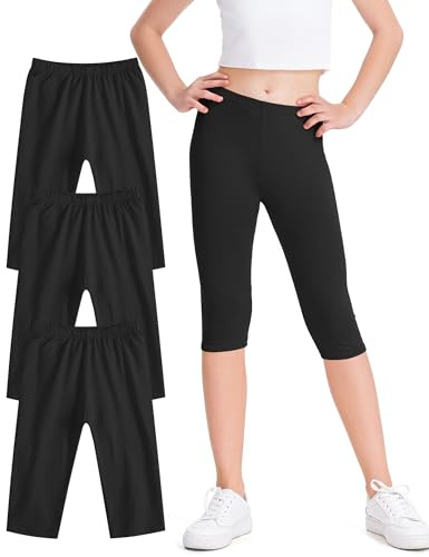 Auranso 3er-Pack Capri Leggings Mädchen Baumwolle 3/4 Kurz Hosen Kinder Caprihosen Sommer Sporthose Sportleggins 6-14 Jahre 122-128 Schwarz