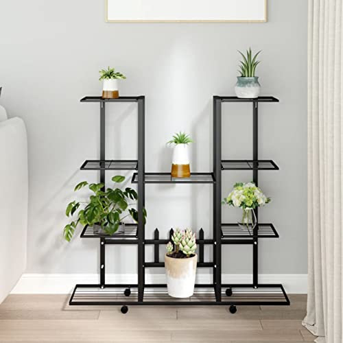 Homgoday Blumenständer mit Rollen Blumenregal Pflanzenständer Pflanzenregal Blumenbank Blumentreppe Pflanzentreppe Standregal für Wohnzimmer Garten Balkon 94,5x24,5x91,5 cm Schwarz Eisen