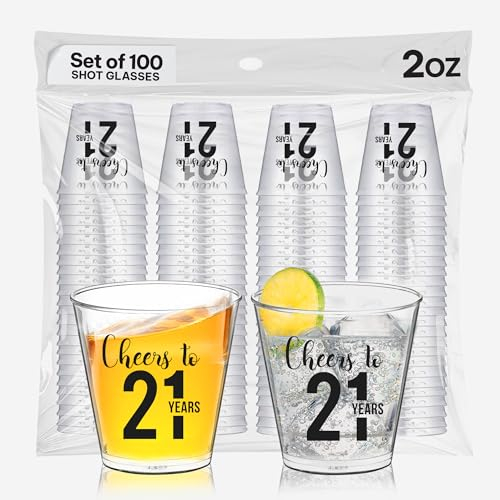 Cheers to 21 Shot Glasses, 100 Pcs, 2oz, 21st Birthday Decorations for Her and Him, Black 21st Party Decor and Favors, Birthday Celebration Accessories