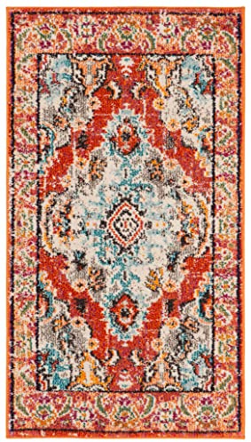 SAFAVIEH Boho Teppich für Wohnzimmer, Esszimmer, Schlafzimmer - Monaco Collection, Kurzer Flor, Orange und Hellblau, 61 X 91 cm