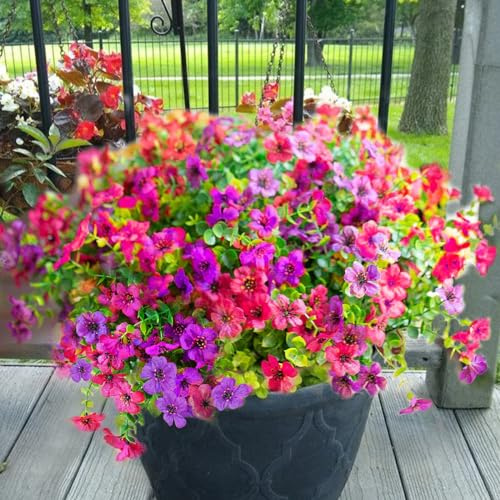 Yastouay 12 Bundles Artificial Flowers for Outdoors, UV Resistant Artificial Outdoor Flowers No Fade Fake Outdoor Flowers Plants for Garden Porch Window Box Pot Planters Decor (Fuchsia+Rose Red)