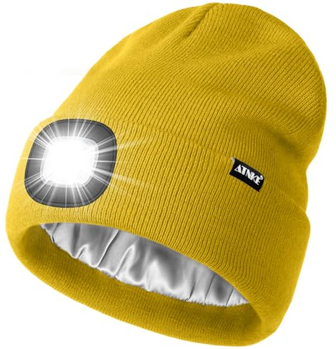 ATNKE LED Beleuchtete Mütze mit Licht,Wiederaufladbare USB 4 LED Beleuchtete Laufmütze Extrem Heller Lampe Winter Warme Satin Seide Gefüttertes Geschenke für Herren und Damen/Yellow