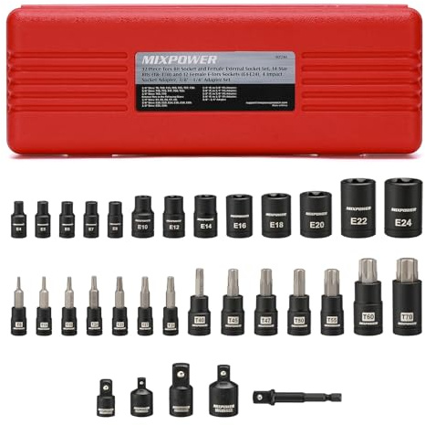 MIXPOWER 32PCS Torx Bit Socket Set, 14 Star Bits (T8-T70)& 13 E-Torx Sockets (E4-E24), CR-V & S2 Alloy Steel