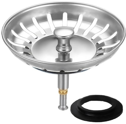 HUAERSICO Küchenspüle Abflussstopfen mit sieb Ø 79/80 mm, Spülbecken stöpsel für Knopfsteuerung, Siebkörbchen und Abflusssieb, Blanco spüle zubehör, Für Ablauf ab 80 mm, 2 Ersatz siebkorbdichtung