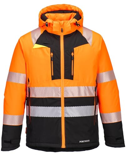 Portwest DX430 Men's Winter Jacket Insulated Waterproof Hi Vis Hooded Work Coat Reflective Fully Lined Padded Zip Safety Utility Reflective Workwear Orange/Black, XX-Large