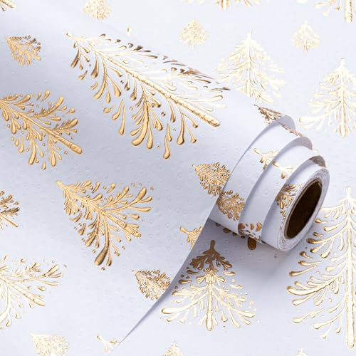 RUSPEPA Rollo De Papel De Regalo Navideño Kraft 3D - Mini Rollo - 43,2 Cm X 5 M - Diseño De Árbol De Navidad Dorado Y Blanco Con Relieve Perfecto Para Vacaciones, Celebración De Fiestas