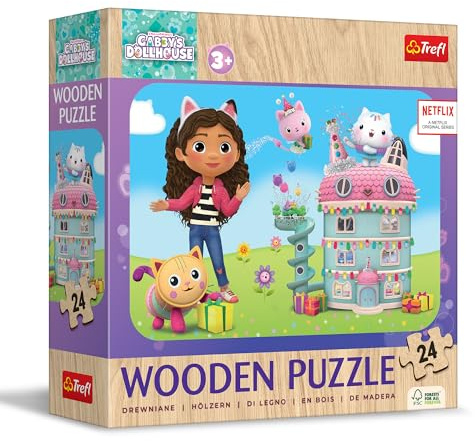 Trefl - Holzpuzzle 24 Teile, Die fröhliche Gabby und ihre Freunde, 3+ | Holzpuzzle, abgerundete Kanten, dekoratives Muster auf der Rückseite, Märchenfiguren, Dekoration, Gedächtnistraining