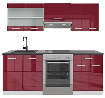 Vicco Küchenzeile R-Line, Rot Hochglanz/Weiß, 200 cm | 5 Module · Höhenverstellbare Füße · AP Anthrazit inkl. · Robuste Fronten · Mit Glasschrank · Frei kombinierbar