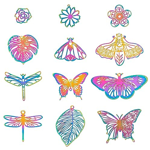 PandaHall 24pcs Rainbow Filigree Flower Charms Pendants Butterfly Dragonfly Charms Etched Metal Embellishments for DIY Crafts Necklace Earring Jewelry Making