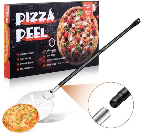 TEAMFAR Perforierter Pizzaschieber, 17,8 x 19,8 x 107 cm Rund Edelstahl Pizza Schieber mit Abnehmbaren Griff zum Leichten Gleiten auf Pizzastein, Pizzaschaufel für Grill Pizzaofen, Leicht zu Reinigen