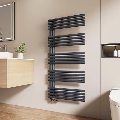 EMKE Toallero Baño a agua caliente, 1265 x 600 mm, Tubos redondos,Calefactor de Toallas, Toallero con conexiones laterales, calefacción de baño,Antracita 776W