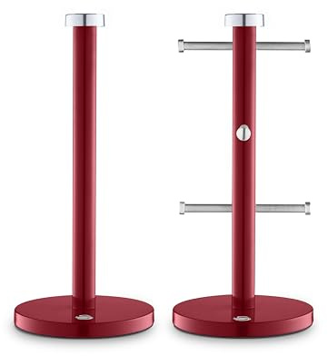 Swan Townhouse Kitchen Towel Pole and 6 Mug Tree Set with Colour Coated Iron, Chrome Accents and Weighted Bases, Red
