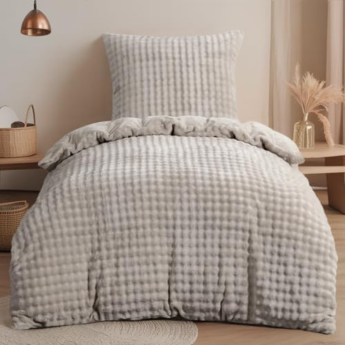 RUIKASI Winter Plüsch Bettwäsche 135x200 2teilig Beige - Warme Kuschelig Weich Flauschig Flanell Fleece Bettwäsche Luxus Wende Bettbezug mit Reißverschluss und 1 Kissenbezug 80x80cm