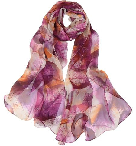 MUNSKT Scarfs for Women Chiffon Scarf Lightweight Plum for Beach Daily Party Banquet (Leaf Purple)